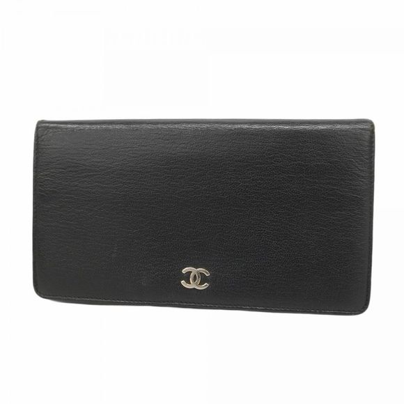 Chanel long wallet black leather silver hardware pre-owned women's - Picture 1 of 16